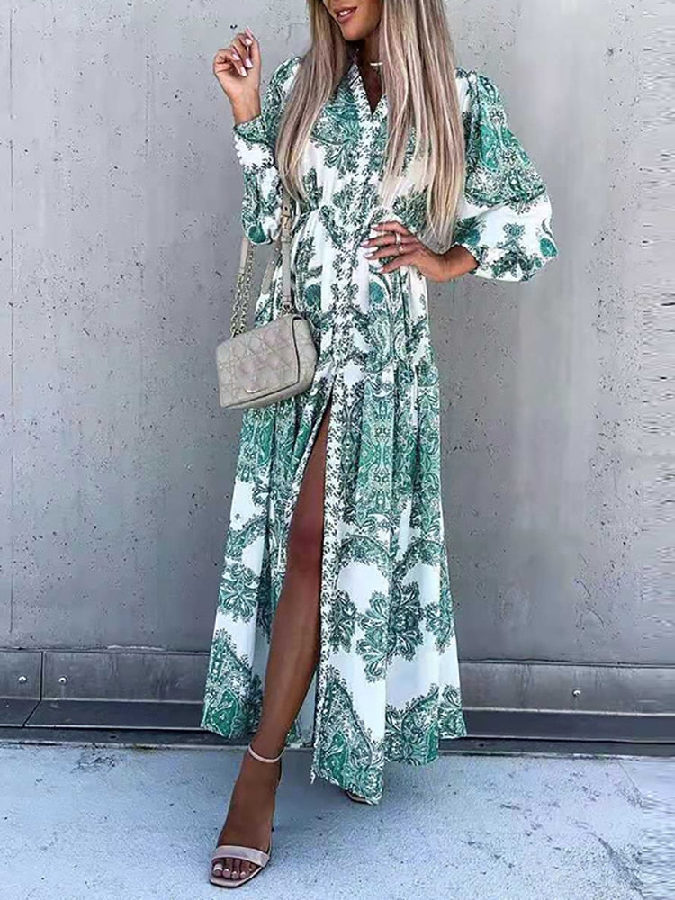 Office Sexy V Neck Split Shirt Party Dress 2022 Spring Elegant Printed Long Sleeve Vintage Dress Casual Long Sleeved Maxi Dress