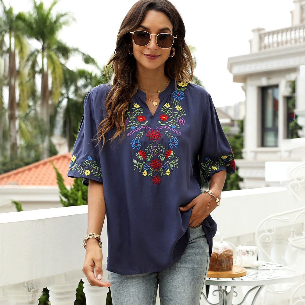 KHALEE YOSE Floral Embroidery Blouses Shirt Navy Cotton Summer