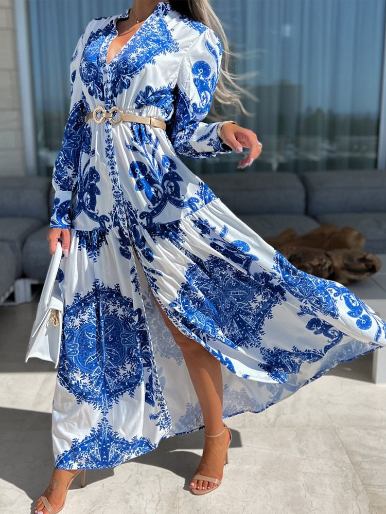 Office Sexy V Neck Split Shirt Party Dress 2022 Spring Elegant Printed Long Sleeve Vintage Dress Casual Long Sleeved Maxi Dress