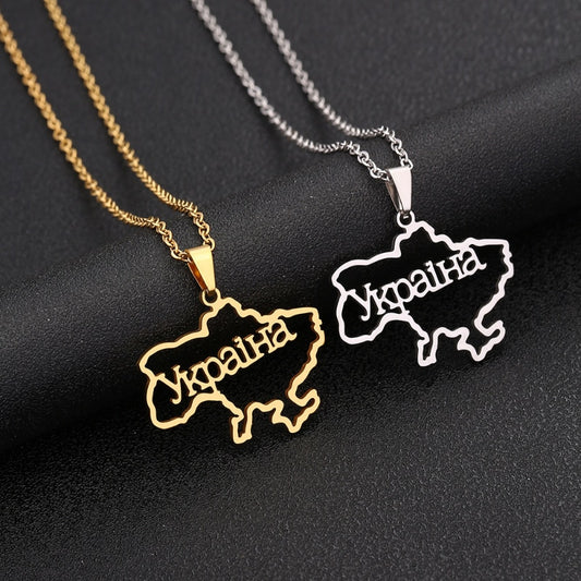 Fashion Outline Ukraine Map Pendant Necklace for Women Girls Stainless Steel Heart Flag Ukrainian Party Jewelry Gifts Dropship