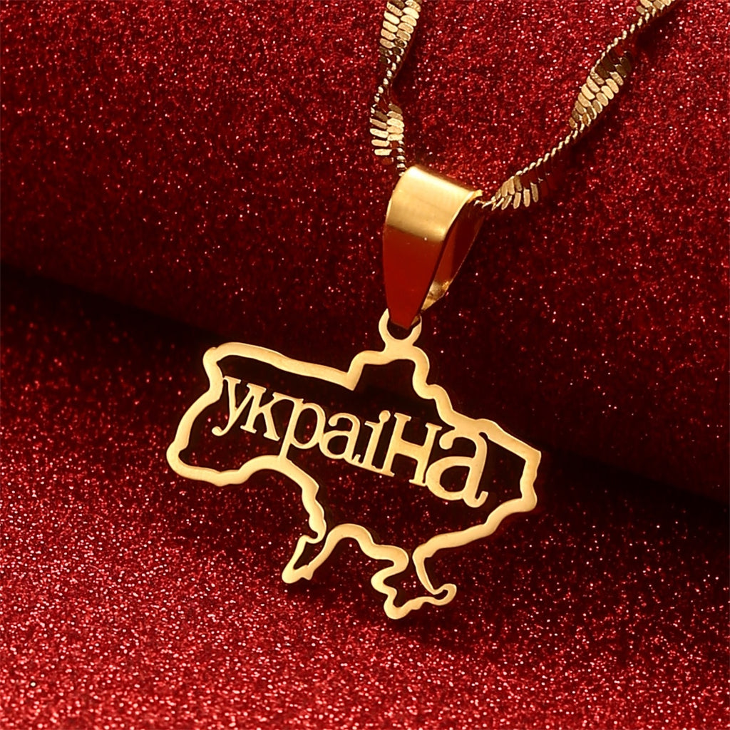 Stainless Steel Outline Ukraine Map Pendant Necklace Heart Flag Ukrainian Jewelry