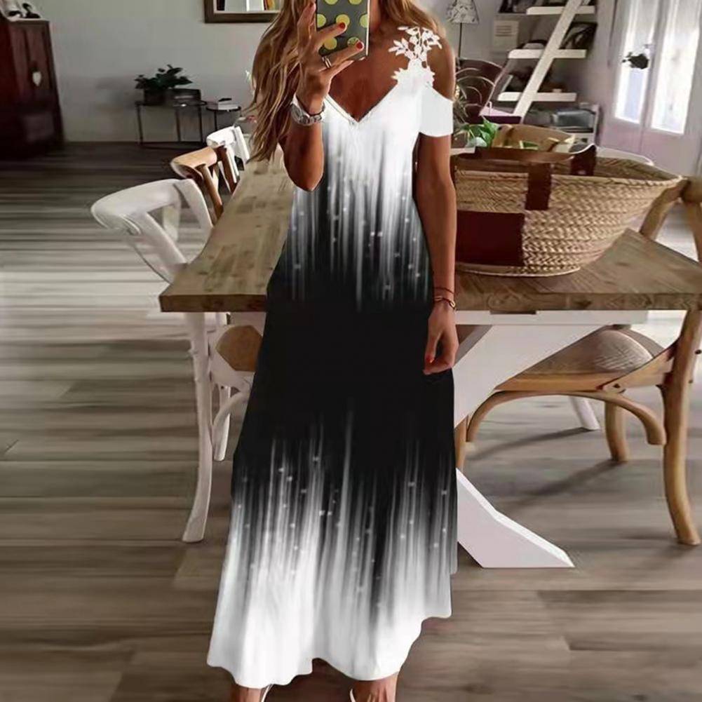 Summer Off Shoulder Long Dresses Women Sexy Hollow Out Floral V-Neck Bohemian Maxi Dress Casual Beach Dress Party Robe Vestidos