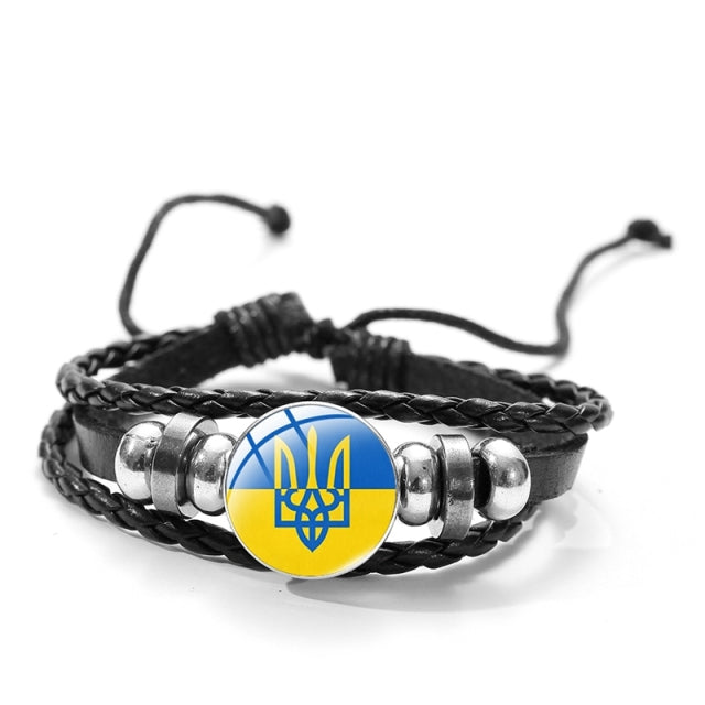 CHSXY Tryzub Ukraine Leather Bracelet Alloy Glass Dome Snap Button Charm Woven Wrap Bracelet Bangle Men Women Ukrainian Jewelry