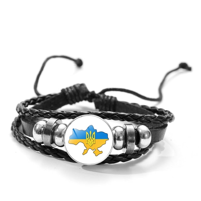 CHSXY Tryzub Ukraine Leather Bracelet Alloy Glass Dome Snap Button Charm Woven Wrap Bracelet Bangle Men Women Ukrainian Jewelry