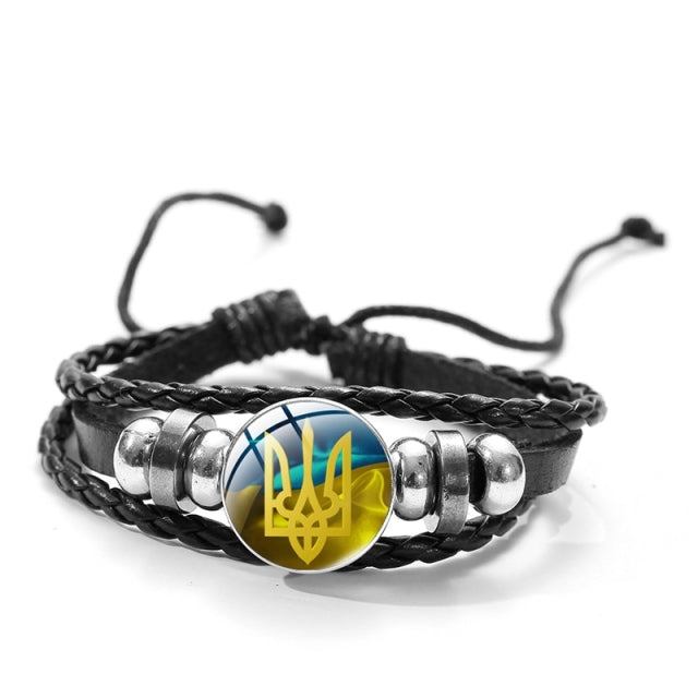 CHSXY Tryzub Ukraine Leather Bracelet Alloy Glass Dome Snap Button Charm Woven Wrap Bracelet Bangle Men Women Ukrainian Jewelry
