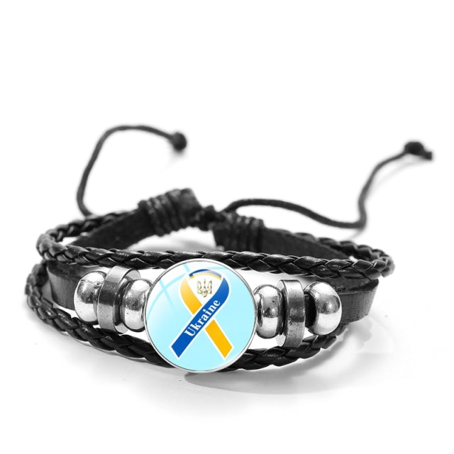 CHSXY Tryzub Ukraine Leather Bracelet Alloy Glass Dome Snap Button Charm Woven Wrap Bracelet Bangle Men Women Ukrainian Jewelry