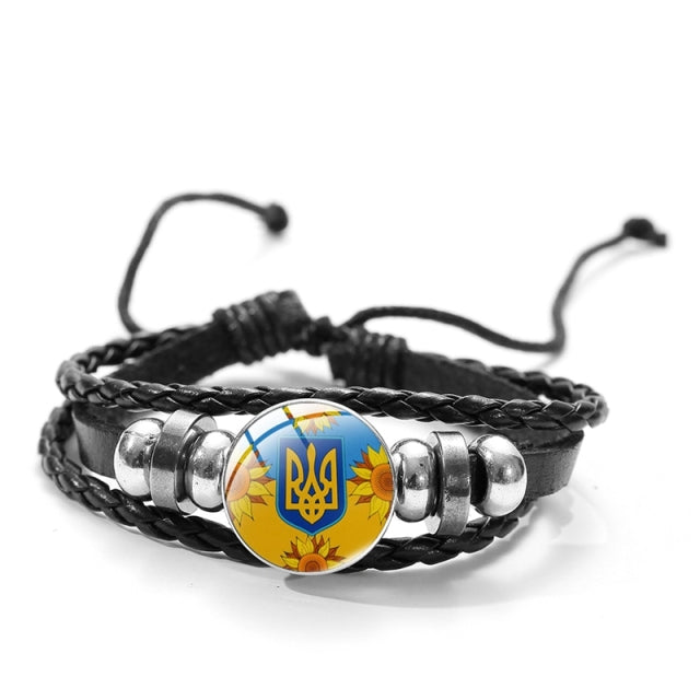 CHSXY Tryzub Ukraine Leather Bracelet Alloy Glass Dome Snap Button Charm Woven Wrap Bracelet Bangle Men Women Ukrainian Jewelry