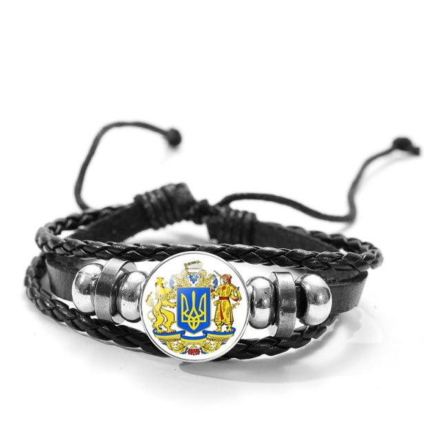 CHSXY Tryzub Ukraine Leather Bracelet Alloy Glass Dome Snap Button Charm Woven Wrap Bracelet Bangle Men Women Ukrainian Jewelry