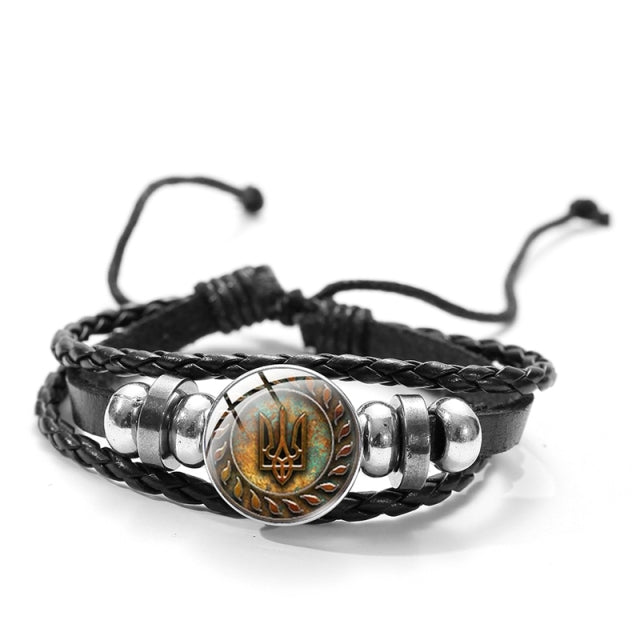 CHSXY Tryzub Ukraine Leather Bracelet Alloy Glass Dome Snap Button Charm Woven Wrap Bracelet Bangle Men Women Ukrainian Jewelry