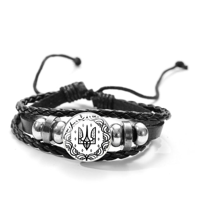 CHSXY Tryzub Ukraine Leather Bracelet Alloy Glass Dome Snap Button Charm Woven Wrap Bracelet Bangle Men Women Ukrainian Jewelry