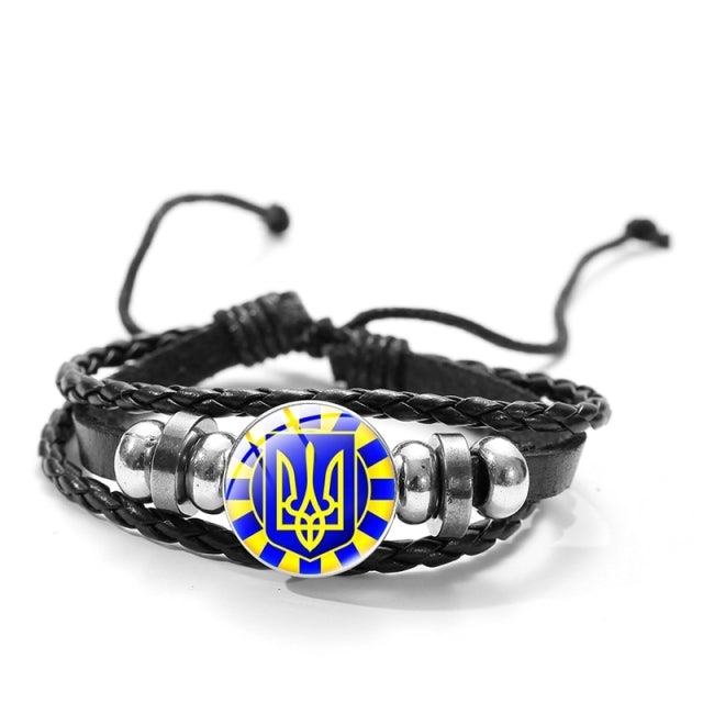 CHSXY Tryzub Ukraine Leather Bracelet Alloy Glass Dome Snap Button Charm Woven Wrap Bracelet Bangle Men Women Ukrainian Jewelry
