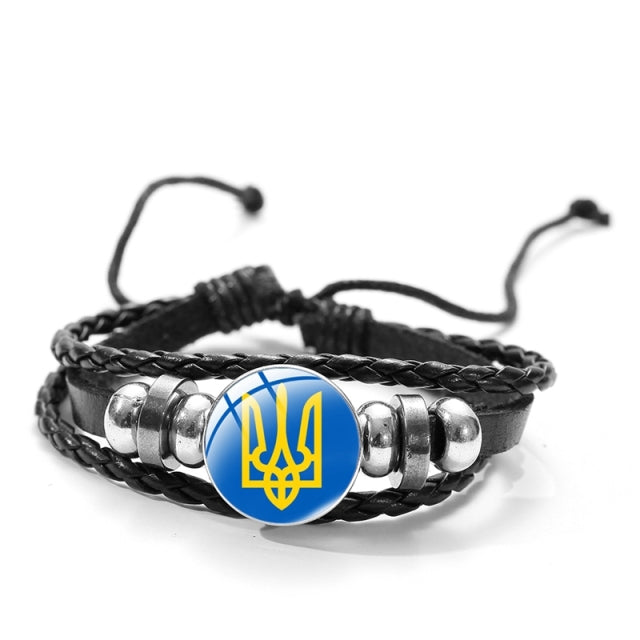 CHSXY Tryzub Ukraine Leather Bracelet Alloy Glass Dome Snap Button Charm Woven Wrap Bracelet Bangle Men Women Ukrainian Jewelry