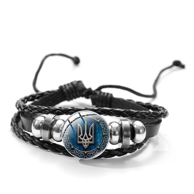CHSXY Tryzub Ukraine Leather Bracelet Alloy Glass Dome Snap Button Charm Woven Wrap Bracelet Bangle Men Women Ukrainian Jewelry