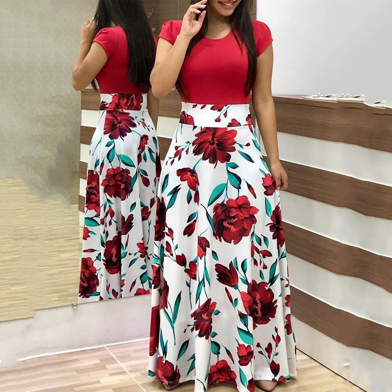 Vintage Floral Print O-Neck Long Dress Women Summer 2021 New Short Sleeve Casual Slim Robe Casual Elegant Lady Maxi Vestidos