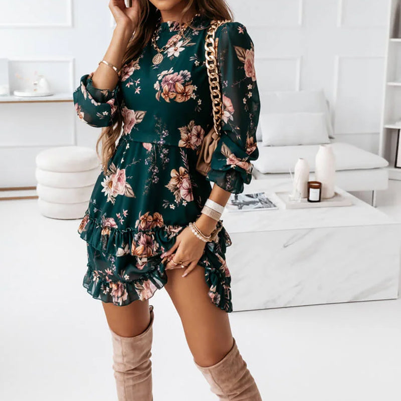 Autumn Ruffle Flowers Print Dress Women Chiffon Long Sleeve Floral Dresses Green Red Female A Line Short Party Vestidos 2021