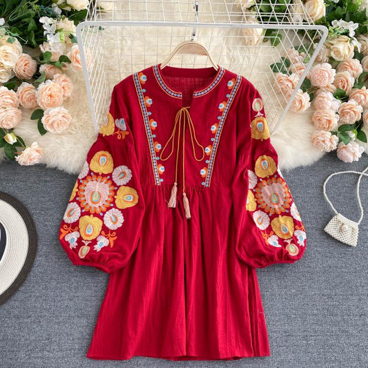 Autumn New Bohemian Retro Folk Style Vestidos Female Heavy Industry Embroidery Round Neck Puff Sleeve Loose Mini Dress GL120