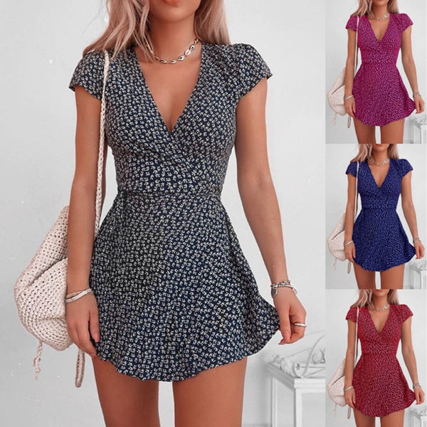 Floral Print Mini Dress for Women Short Sleeve Sexy V-neck Dresses Ladies High Waist Fashion Vestido Summer High Street 2021