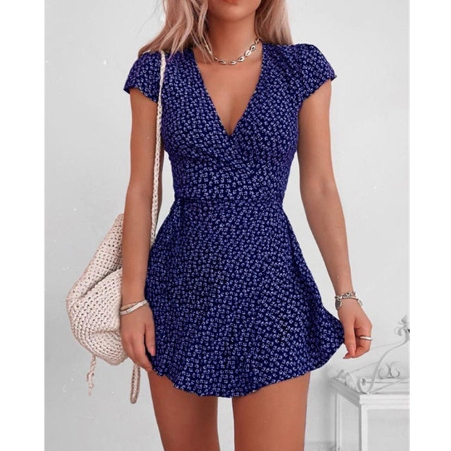 Floral Print Mini Dress for Women Short Sleeve Sexy V-neck Dresses Ladies High Waist Fashion Vestido Summer High Street 2021