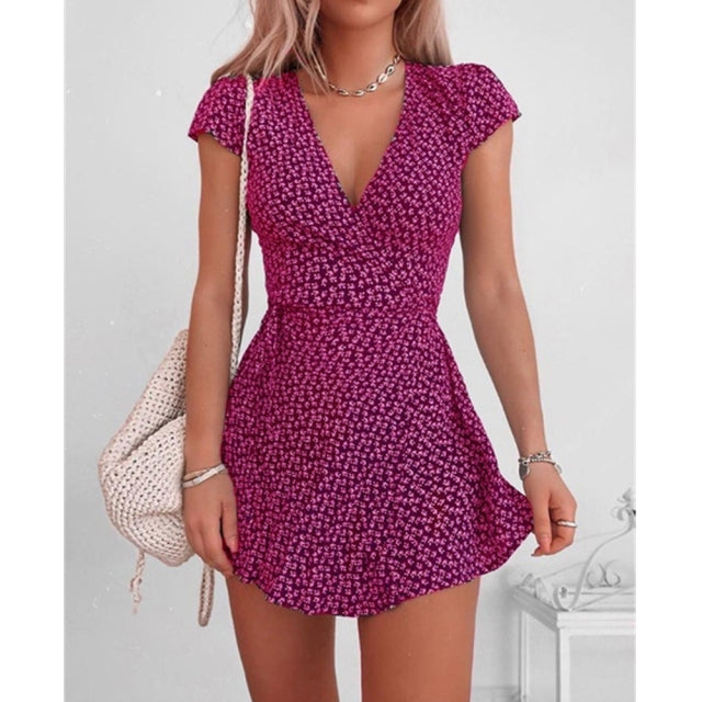 Floral Print Mini Dress for Women Short Sleeve Sexy V-neck Dresses Ladies High Waist Fashion Vestido Summer High Street 2021