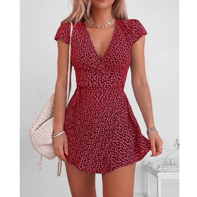 Floral Print Mini Dress for Women Short Sleeve Sexy V-neck Dresses Ladies High Waist Fashion Vestido Summer High Street 2021