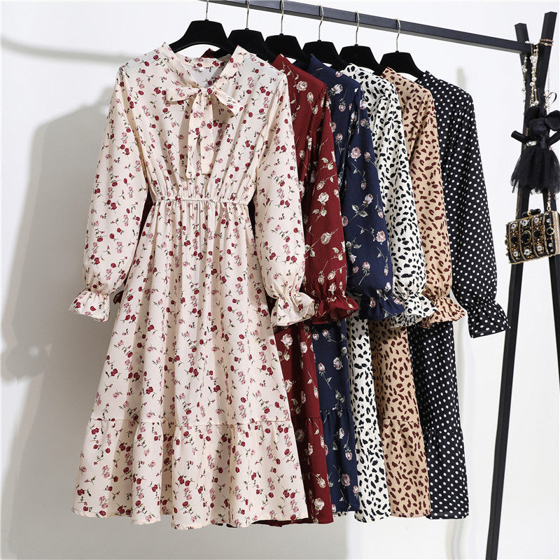 2022 Floral Print Women Dress Female Autumn Long Sleeve Vintage Chiffon Bow Tie Neck Office Lady Shirt Dress Summer Vestidos