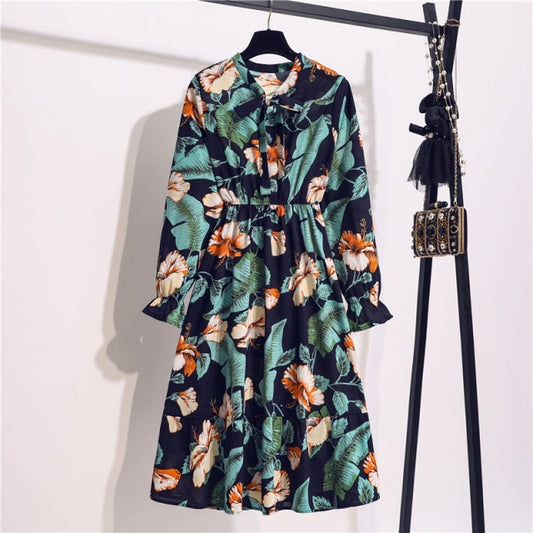 2022 Floral Print Women Dress Female Autumn Long Sleeve Vintage Chiffon Bow Tie Neck Office Lady Shirt Dress Summer Vestidos