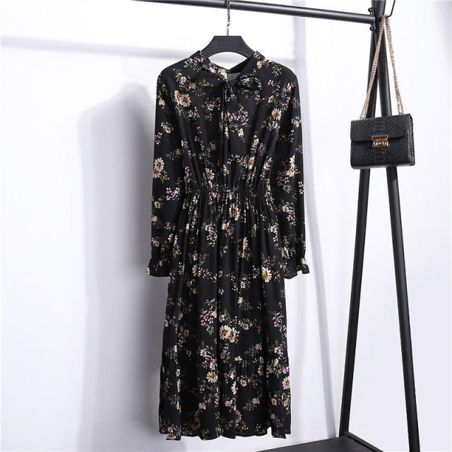 2022 Floral Print Women Dress Female Autumn Long Sleeve Vintage Chiffon Bow Tie Neck Office Lady Shirt Dress Summer Vestidos