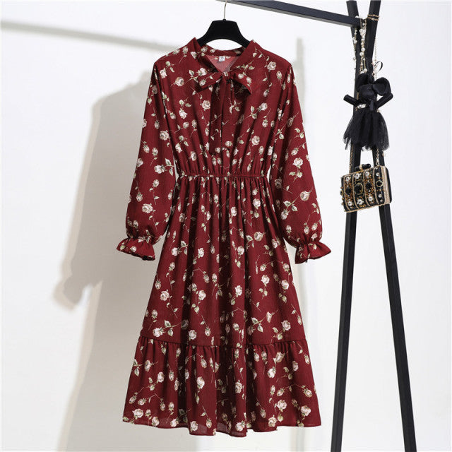 2022 Floral Print Women Dress Female Autumn Long Sleeve Vintage Chiffon Bow Tie Neck Office Lady Shirt Dress Summer Vestidos