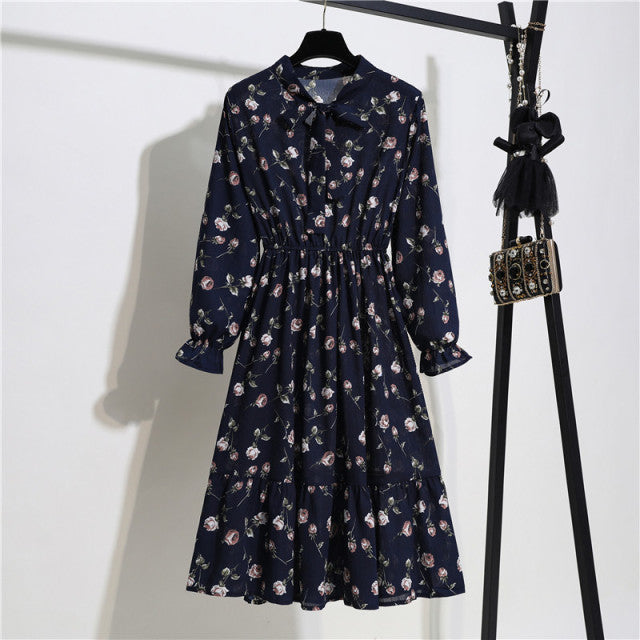 2022 Floral Print Women Dress Female Autumn Long Sleeve Vintage Chiffon Bow Tie Neck Office Lady Shirt Dress Summer Vestidos