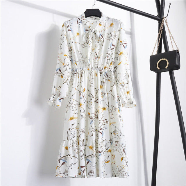 2022 Floral Print Women Dress Female Autumn Long Sleeve Vintage Chiffon Bow Tie Neck Office Lady Shirt Dress Summer Vestidos