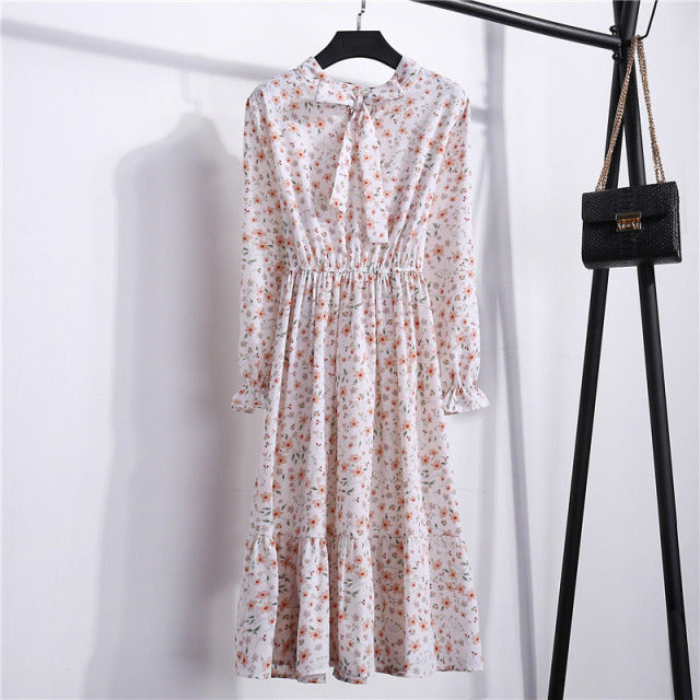 2022 Floral Print Women Dress Female Autumn Long Sleeve Vintage Chiffon Bow Tie Neck Office Lady Shirt Dress Summer Vestidos