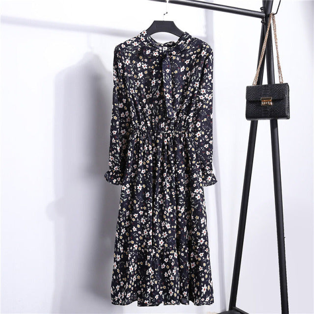 2022 Floral Print Women Dress Female Autumn Long Sleeve Vintage Chiffon Bow Tie Neck Office Lady Shirt Dress Summer Vestidos