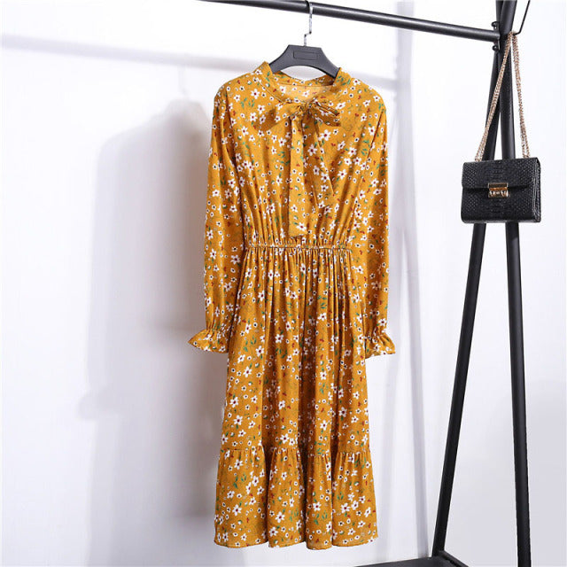 2022 Floral Print Women Dress Female Autumn Long Sleeve Vintage Chiffon Bow Tie Neck Office Lady Shirt Dress Summer Vestidos