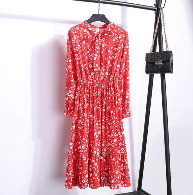 2022 Floral Print Women Dress Female Autumn Long Sleeve Vintage Chiffon Bow Tie Neck Office Lady Shirt Dress Summer Vestidos