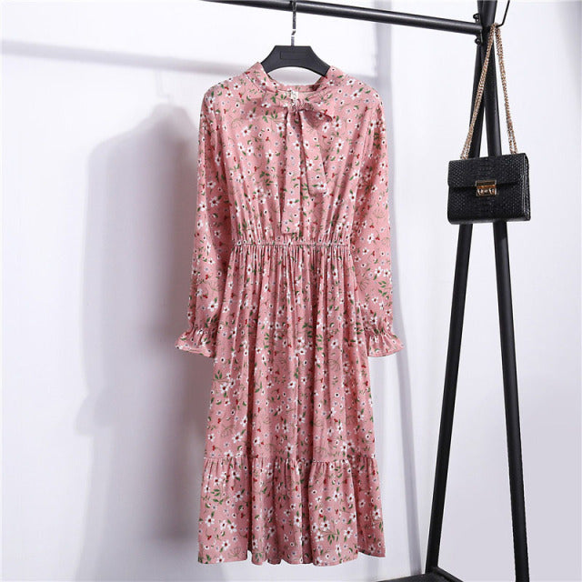 2022 Floral Print Women Dress Female Autumn Long Sleeve Vintage Chiffon Bow Tie Neck Office Lady Shirt Dress Summer Vestidos