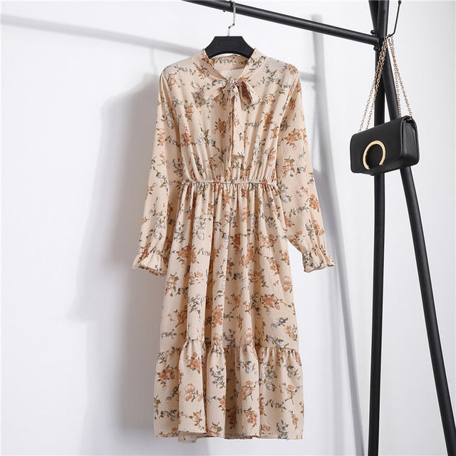 2022 Floral Print Women Dress Female Autumn Long Sleeve Vintage Chiffon Bow Tie Neck Office Lady Shirt Dress Summer Vestidos