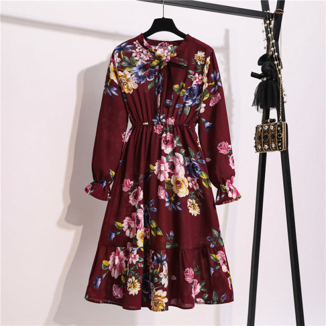 2022 Floral Print Women Dress Female Autumn Long Sleeve Vintage Chiffon Bow Tie Neck Office Lady Shirt Dress Summer Vestidos