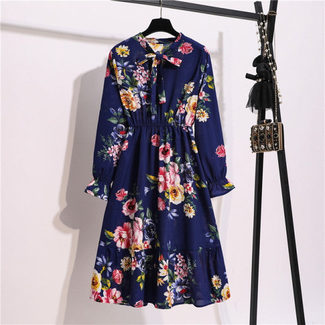 2022 Floral Print Women Dress Female Autumn Long Sleeve Vintage Chiffon Bow Tie Neck Office Lady Shirt Dress Summer Vestidos