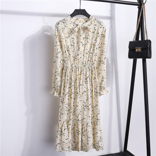 2022 Floral Print Women Dress Female Autumn Long Sleeve Vintage Chiffon Bow Tie Neck Office Lady Shirt Dress Summer Vestidos