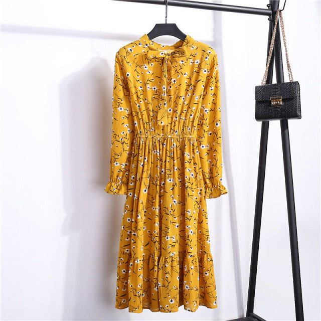 2022 Floral Print Women Dress Female Autumn Long Sleeve Vintage Chiffon Bow Tie Neck Office Lady Shirt Dress Summer Vestidos