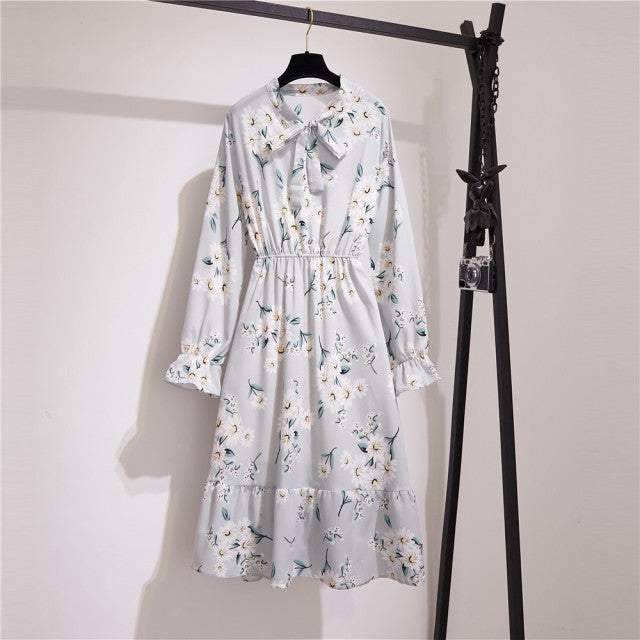 2022 Floral Print Women Dress Female Autumn Long Sleeve Vintage Chiffon Bow Tie Neck Office Lady Shirt Dress Summer Vestidos