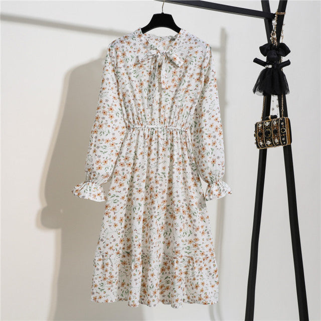 2022 Floral Print Women Dress Female Autumn Long Sleeve Vintage Chiffon Bow Tie Neck Office Lady Shirt Dress Summer Vestidos