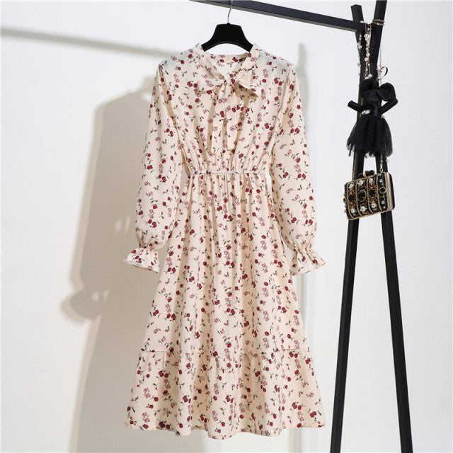 2022 Floral Print Women Dress Female Autumn Long Sleeve Vintage Chiffon Bow Tie Neck Office Lady Shirt Dress Summer Vestidos