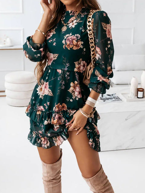 Autumn Ruffle Flowers Print Dress Women Chiffon Long Sleeve Floral Dresses Green Red Female A Line Short Party Vestidos 2021