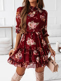 Autumn Ruffle Flowers Print Dress Women Chiffon Long Sleeve Floral Dresses Green Red Female A Line Short Party Vestidos 2021