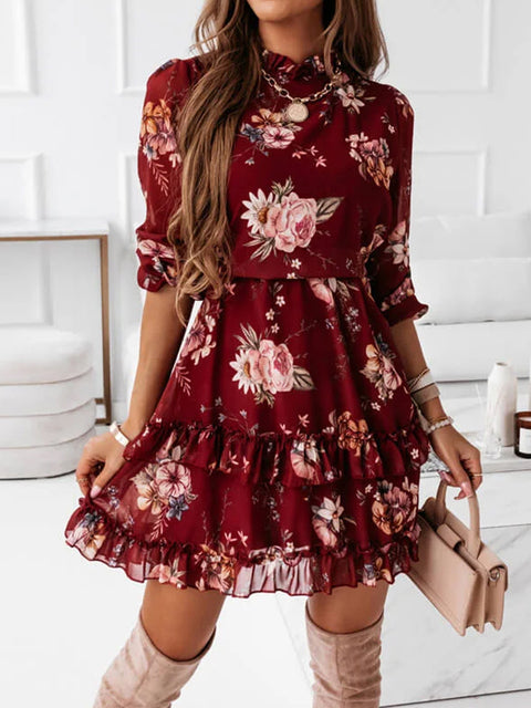 Autumn Ruffle Flowers Print Dress Women Chiffon Long Sleeve Floral Dresses Green Red Female A Line Short Party Vestidos 2021