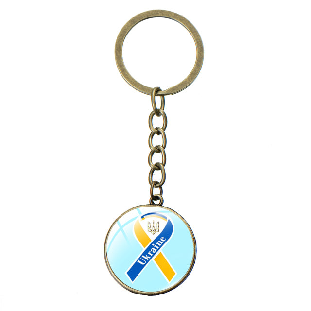 Ukraine Flag Trident Pendant Keychain Ukrainian Souvenir High Quality Transparent Glass Cabochon Key Chain Car Bag Accessories