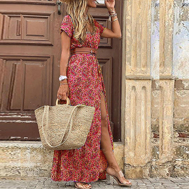 Boho Long Dress for Women Fashion V Neck Short Sleeve Paisley Print Dresses Summer Belt Large Hem Beach Dress Elegant Maxi Dress