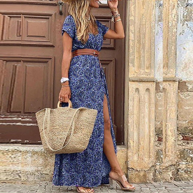 Boho Long Dress for Women Fashion V Neck Short Sleeve Paisley Print Dresses Summer Belt Large Hem Beach Dress Elegant Maxi Dress