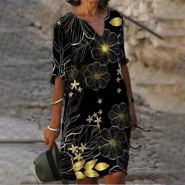 Elegant Women Dress Summer Vintage Print V-Neck Half Sleeve A-Line Dress Sundress 2022 Fashion Female Loose Dresses Vestidos